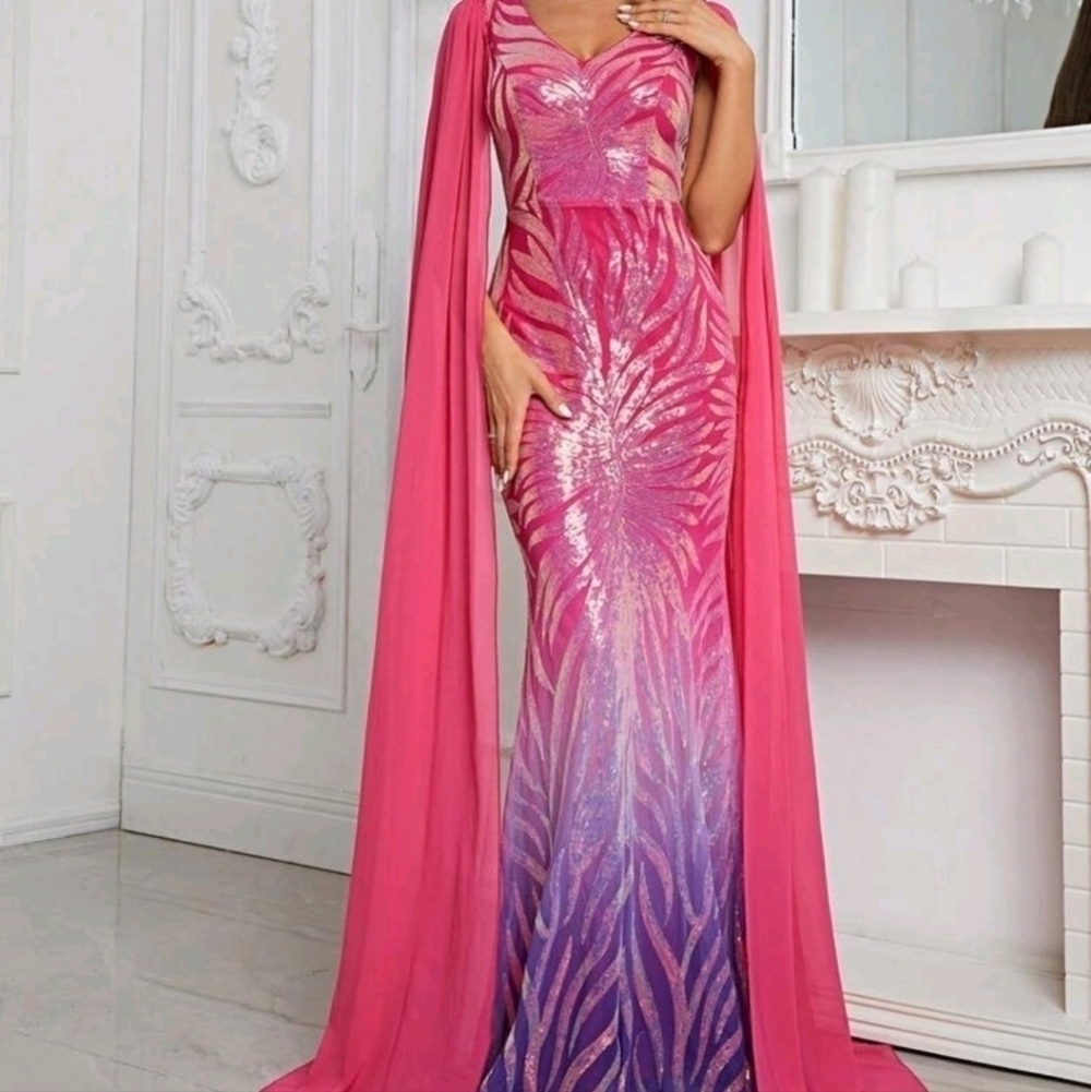 Multicolor Random Print,  Cloak, Sequined, Mesh Mermaid Maxi gown - Picture 5 of 10